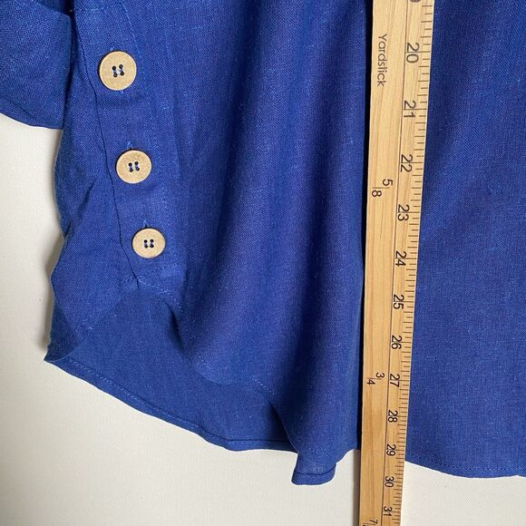 Susan Graver Pure Linen Top Tunic 1XP Blue Round Neck Roll Tab Sleeve Relaxed - Picture 4 of 8